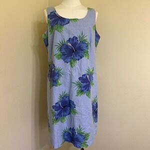 Sun Moda Womens Blue Hibiscus Floral Linen Cotton Blend Sleeveless Shift Dress L